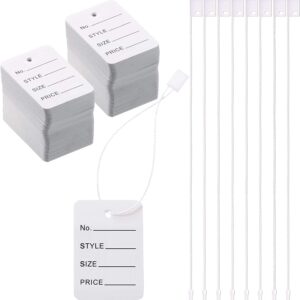 Wawasia 500 pcs Price Tags and 500 pcs Hang Tag String, Store Tags Marking Tags Clothing Tags and Nylon String Snap Lock Pin Loop Fastener Hook Ties for Clothes Retail Store (White)