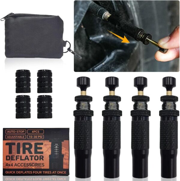 Auto-Stop Tire Deflator Valve Kit 10-30PSI/0.7-2.1BAR Adjustable Brass Tire Deflator 4PCS Screw-on Tire Air Release Value with Valve Caps Rapid Tyre Air Down Tool for Offroad Jeep Car Motorcycle Truck