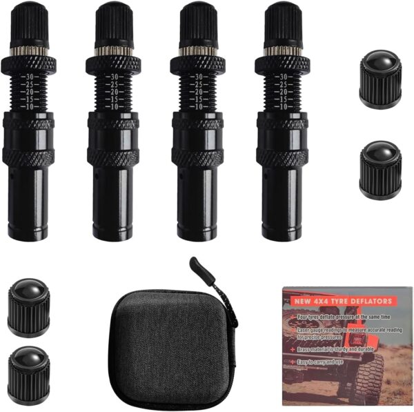 GOGOBAO 4 Pcs Automatic Tire Deflators Kit, 10-30 PSI / 0.7BAR-2.1BAR Adjustable Tire Deflator with 4 Valve Caps, Auto-Stop Tire Air Deflator Valve for Cars Trucks Motorcycles Offroad Vehicle ATVs Tir