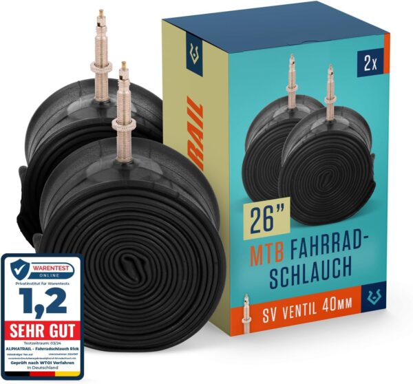 Alphatrail MTB Bicycle Inner Tube Rick 26 Inches SV Presta Valve 2 x Set with Mobility Guarantee Compatible Tyres Michelin, Continental, Conti, Schwalbe, Maxxis, Vittoria & Kenda