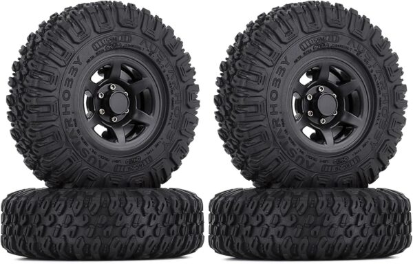 WONFAST 4PCS 1.55inch Tyres Beadlock Plastic Wheel Rims Hub Rubber Tires Set Compatible with 1:10 RC Crawler Axial AX90069 D90 TF2 Tamiya CC01 LC70 MST JIMNY (Black)