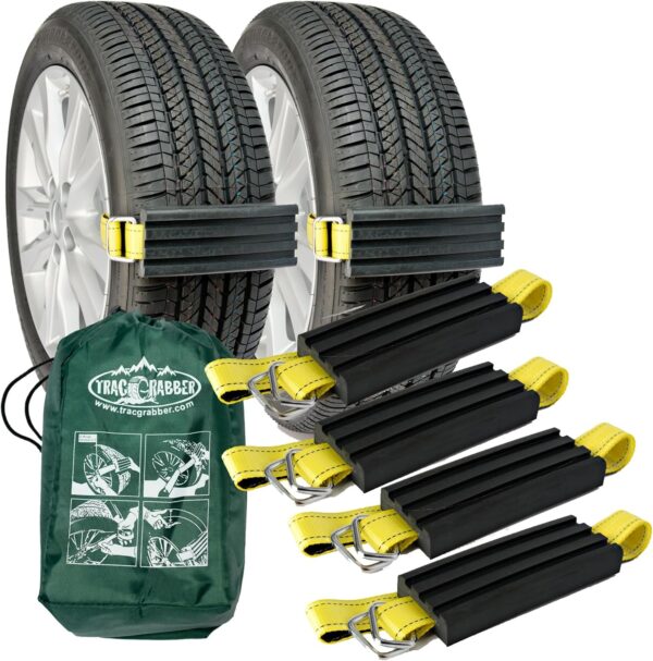 TRACGRABBER Tire Traction Device for Cars & Small SUVs, Set of 4 - Made in the USA, Anti Skid Emergency Tire Straps to Get Unstuck from Snow, Mud, & Sand - Snow Traction Mat or Tire Chain Alternative