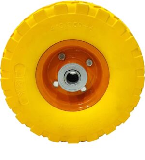 Wheelbarrow Trolly tyre Foam Bearing | Puncture-Proof Solid Rubber, 4.1/3.5-4", 16 mm Axle, Spare Wheel, Yellow