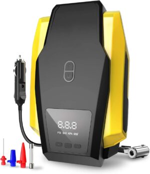 ELECDON Tire Inflator Portable Air Compressor - Air Pump for Car Tires (up to 50 PSI), 12V DC Tire Pump for Bikes (up to 150 PSI) w/LED Light, Digital Pressure Gauge, Model: ATJ-1166, Yellow (VL701)