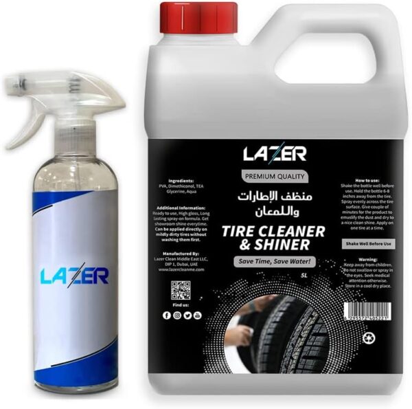 LAZER - Tire cleaner and shinner 5Liter gallon with (500ML) Free Spray Bottle, for alloy, chrome, all plastic parts white wall tires, Safe For Cars, Trucks, Suvs, Motorcycles, Rvs, & More|