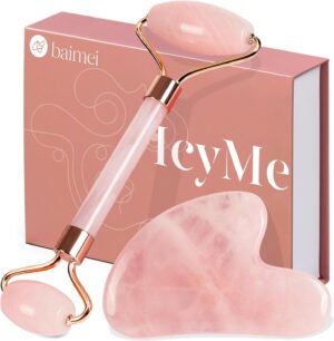 BAIMEI Jade Roller & Gua Sha, Face Roller, Facial Beauty Roller Skin Care Tools, BAIMEI Rose Quartz Massager for Face, Eyes, Neck, Body Muscle Relaxing and Relieve Fine Lines and Wrinkles