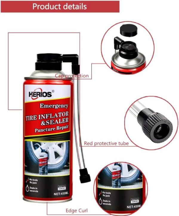 Herios Tyre Sealer and Inflator for Emergency, 450ml, Leakage within 6mm, No Jack Needed, 30 sec to 3 min