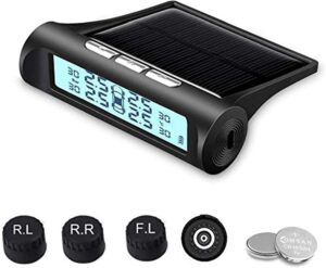 B-Qtech Solar Power Wireless LCD TPMS Tyre Pressure Monitor System Wireless TPMS Tire Sensor Monitor with 4 Tire Sensors(External Sensors)-Real Time Pressure and Temperature Alarm 1.5-3.5 Bar