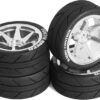 Chanjorlin 1/10 On Road Tires and Aluminum Wheels 12mm Hex RC Rally Racing Tyres OD 2.56" for Tamiya TT01 TT02 XV01 TA06 A959 PTG2 HPI KYOSHO PTG2 Traxxas 1:10 Street Touring Drift Car 4PCS (Silver)