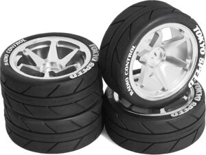 Chanjorlin 1/10 On Road Tires and Aluminum Wheels 12mm Hex RC Rally Racing Tyres OD 2.56" for Tamiya TT01 TT02 XV01 TA06 A959 PTG2 HPI KYOSHO PTG2 Traxxas 1:10 Street Touring Drift Car 4PCS (Silver)