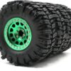 hobbysoul 4pcs RC 2.2 Mud Slingers Tires Super Grip Crawler Tyres Height 124mm/4.88inch & Aluminium Alloy 2.2 Beadlock Wheels Rims Hex 12mm Green Color