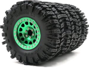 hobbysoul 4pcs RC 2.2 Mud Slingers Tires Super Grip Crawler Tyres Height 124mm/4.88inch & Aluminium Alloy 2.2 Beadlock Wheels Rims Hex 12mm Green Color