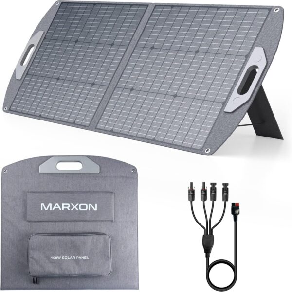 MARXON Solar Panel XP100, 100 Watt Portable Solar Panel, Foldable Solar Panel with Adjustable Kickstand, High-Efficiency Conversion Rate, Waterproof and Dustproof Perfect for Camping, RV Trip