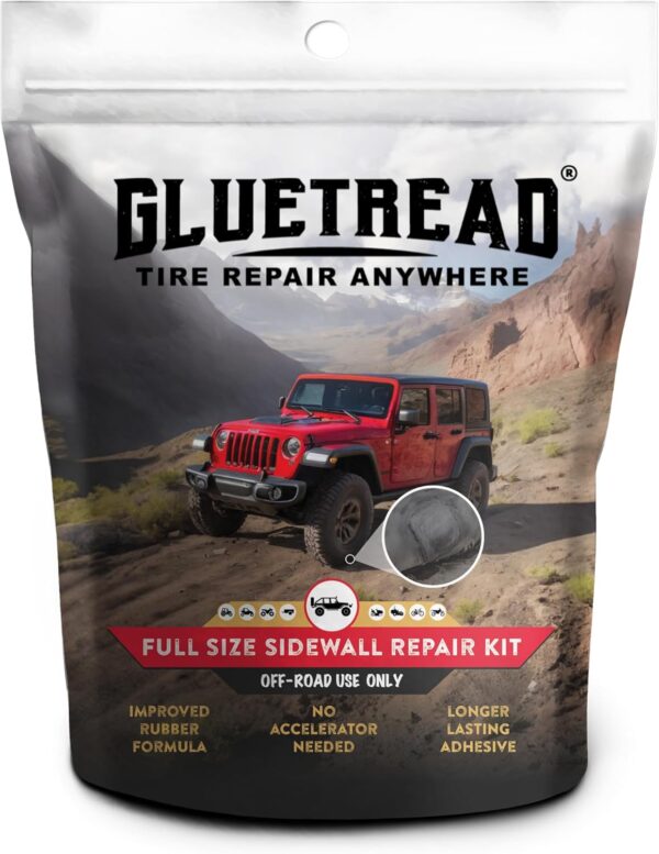 GlueTread 4x4 Sidewall Tire Repair Kit Full-Size | Sidewall Tire Patch Kit Puncture Repair Kit for Off-Road Vehicles | Improved Rubber Formula No Accelerator Needed 10 Minutes Curing Time