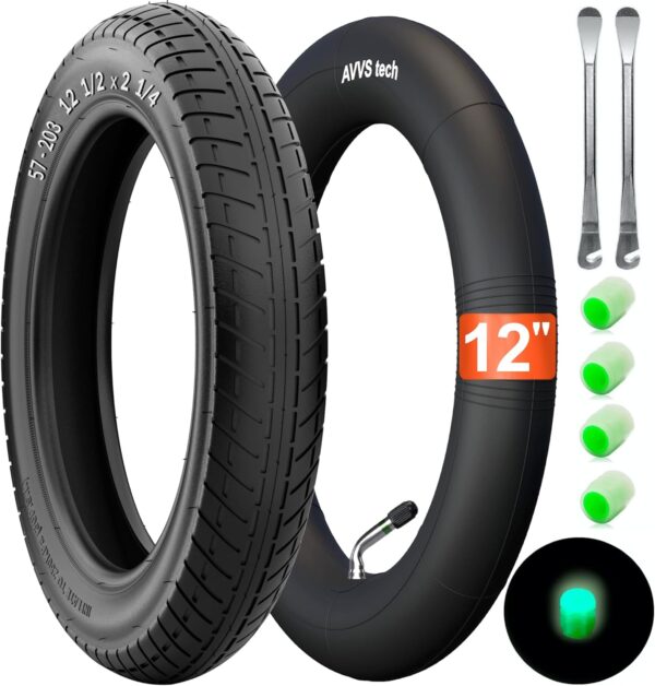 12 1/2 x 2 1/4 (57-203) Tyre with Tread A-1022 Incl. Tube with Stainless Steel Angle Valve 45° AV - Includes 2 Mounting Levers - Compatible with 12" Wheels Pushchair Pushchair Pushchair Bicycle Pedal