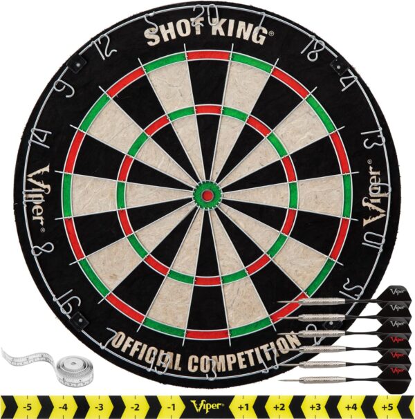 Shot King Regulation Bristle Steel Tip Dartboard Set with Staple-Free Bullseye, Galvanized Metal Radial Spider Wire Includes 6 Darts, Black, 17.75 inch