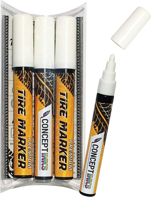 ConceptInks Premium Tire Marker Pens, White Waterproof Paint Markers For Car Tire Lettering, Made In Japan (3 Pack-White)