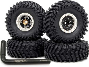 HOBBYSOUL RC Soft Sticky 1.0 All Terrain Tires Tyres 64mm Tall & Brass 1.0 beadlock Wheels Deep Dish 1.0 Rims White Black for RC Crawler 1/18 TRX4M 1/24 SCX24 Upgrades