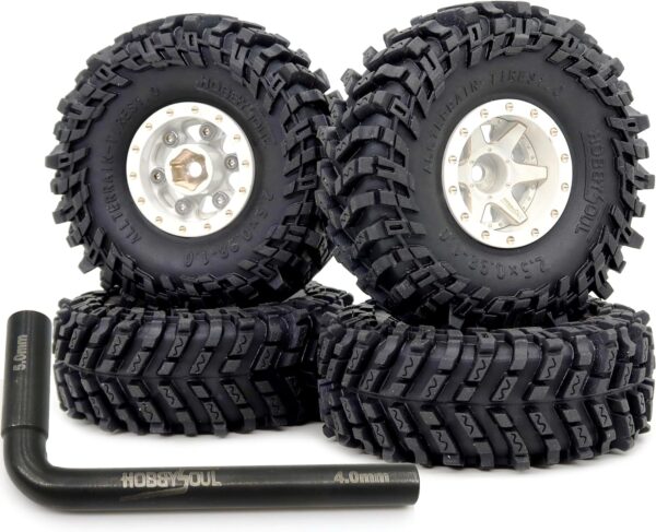 HOBBYSOUL 64mm 1.0 All Terrain Tires F/R Mounted Brass 1.0 beadlock Wheels White Rims Negative Offset 1.0 Wheels Tires Tyre for RC Mud Crawler 1/24 SCX24 AX24 1/18 TRX4M