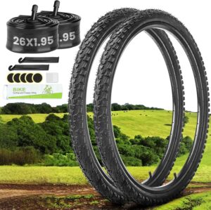 BTLATHA 2-Pack Mountain Bike Tire Kit, 26x1.95-Inch Foldable Replacement Puncture-Proof Bicycle Tires and Pair of 26-Inch Inner Tubes with Repair Kit for Mountain Bikes, Cyclocross Bikes.