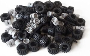 Lego City Complete Wheel Assembly Lot, 20 Black Axles, 40 Black RUbber Tires, 40 Light Gray Wheels