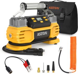 AstroAI Tyre Inflator Air Compressor 12V DC 160PSI with Screen, Heavy Duty Dual Cylinders & Dual Motors, Dual Power Tyre Pump for SUVs, RVs, ORVs, Trucks, Cars, Air Mattresses, Auto Off, LED Light