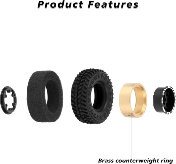 FEDCO FCX24 Wheels and Tires 1.0 Beadlock Wheels 50MM Soft Sticky Tires with Brass Counterweight Ring for Axial SCX24 FMS FCX24M FCX24 Upgrades 1/24 RC Crawler