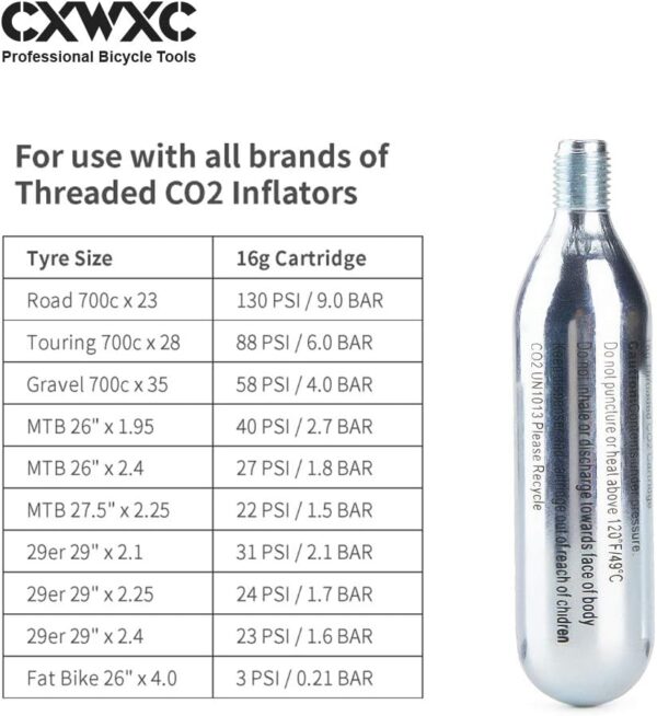 CXWXC 16g / 25g Threaded CO2 Cartridges or CO2 Inflator for Bike Tires - Cartridge for CO2 Inflator with Threaded Connection, CO2 Pump for Road and Mountain Bikes