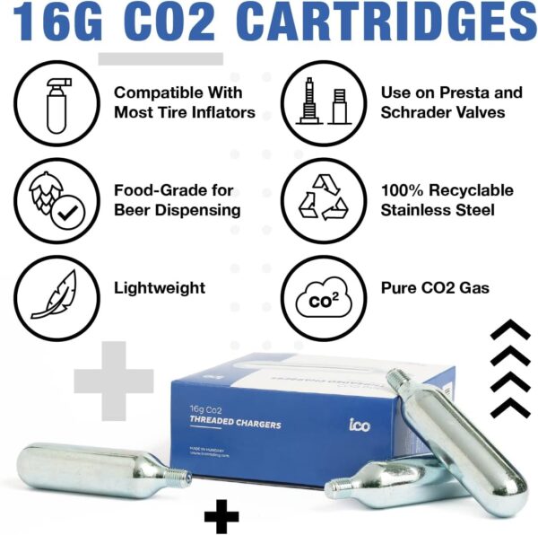 ICO CO2, 16g / 25g Threaded CO2 Cartridges, CO2 Cartridges for Use with CO2 Bike Tire Inflator, C02 Cartridges for MTB & Road Bikes, Food Grade CO2 Cartridges