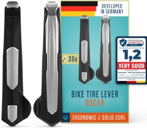 Alphatrail Oscar Bicycle Tyre Levers - Set of 2 I Sturdy Metal Core Made of Aluminium (36 g Total Weight) I Optimal Lever Length I Ergonomic Jacket Lifter for Schwalbe, Michelin, Continental, Maxxis