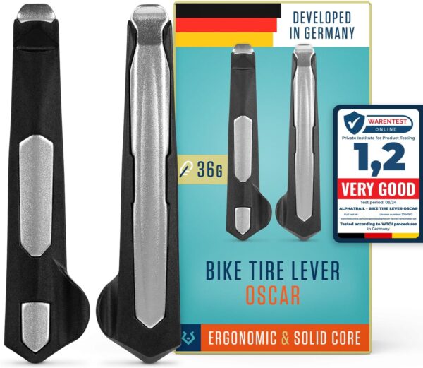 Alphatrail Oscar Bicycle Tyre Levers - Set of 2 I Sturdy Metal Core Made of Aluminium (36 g Total Weight) I Optimal Lever Length I Ergonomic Jacket Lifter for Schwalbe, Michelin, Continental, Maxxis